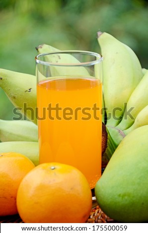 Bananas, mango, oranges and fresh orange juice from organic orchard in closed-up with natural green background.