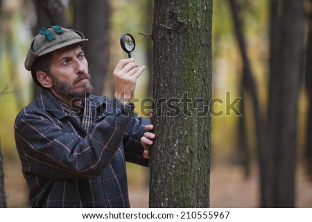 Imposing man detective with a beard wearing a cap and plaid jacket examines through magnifying glass tree trunk in autumn forest