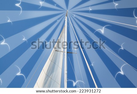 Marine theme art photo collage with mast and sail of yacht on blue sky background (used only my photo and brushes)