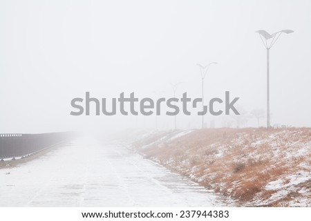 Embankment with forged fences and several street lights in the fog in winter