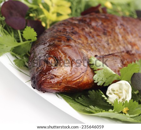 Close up of plate of freshly smoked fish