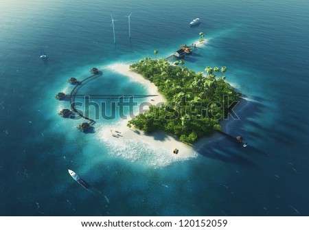 Private island. Paradise tropical island with wind turbines energy and bungalows