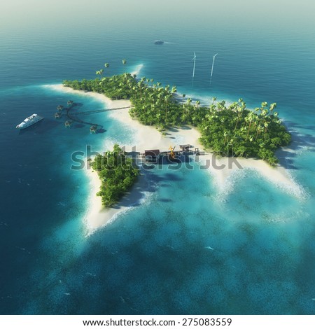 Private island. Paradise tropical island with wind turbines energy, bungalows, super yacht and helicopter