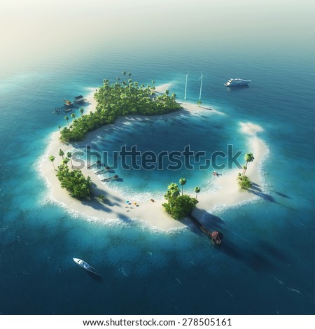 Private island. Paradise summer tropical island with wind turbines energy and bungalows
