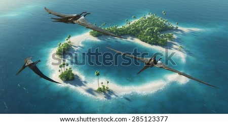 Dinosaurs natural park. Jurassic Period. Dinosaurs flying above paradise tropical island