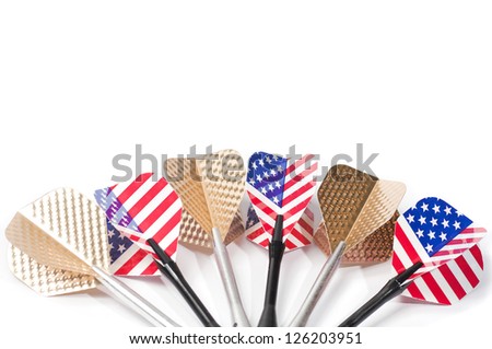 Six target playing darts, whit USA flag colors and golden feather, isolated