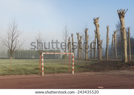 Soccer court outside in a foggy morning
