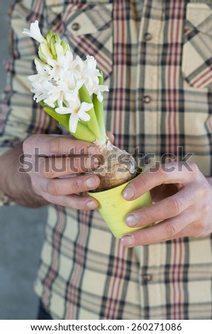 Man holding a white hyacinth flower in hands
