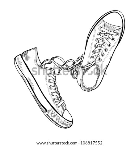 Pair Of Sneakers On White Background Drawn In A Sketch Style. One ...