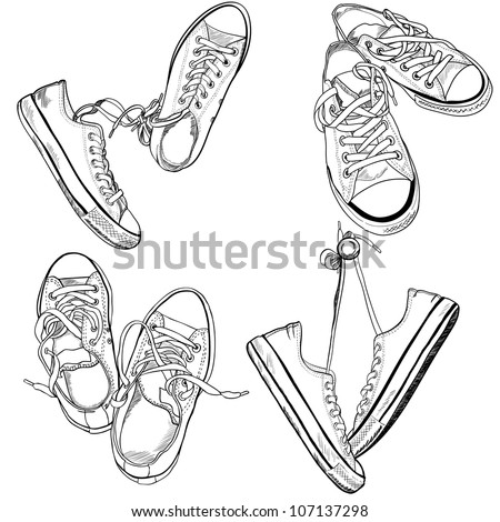 Set Of Four Pairs Of Sneakers In Different Positions Drawn In A Sketch ...