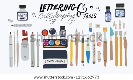 Huge set of tools for hand lettering and calligraphy. Calligraphic essentials - palette, water brush, pencil, eraser, liner, brush pen, marker, ink, nibs, nib holder. Flat style vector art supplies. 