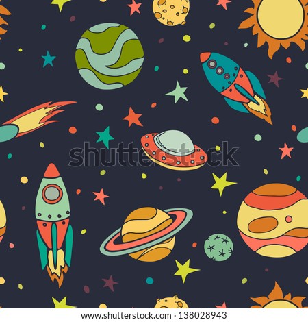 Seamless Pattern With Space, Rockets, Comet, Planets And Stars ...