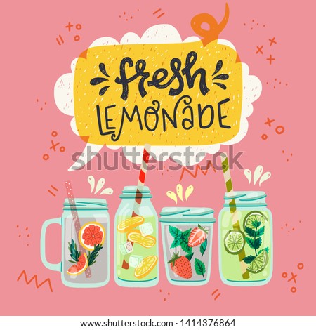 Set of flat style mason jars with cooling drinks and hand drawn lettering inscription Lemonade in speech bubble. Refreshing beverages with strawberry, lemon, lime, mint, ice cubes and water. Vector