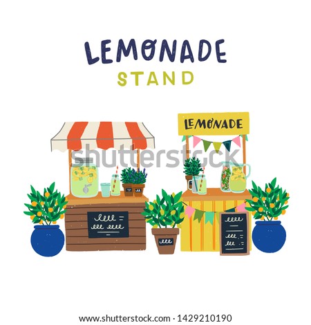 Two lemonade stands with caption text and flat style citrus bushes in flowerpots, mason jars with refreshing drinks and menu chalkboards. Cartoon hand drawn booths of cooling beverage street vendors