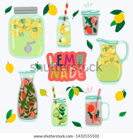 Lemonade series with flat style mason jars. Hand drawn glasses with natural cooling drinks made of lemons, grapefruits, strawberry, limes, mint leaves, rosemary, infused water and ice cubes. Vector