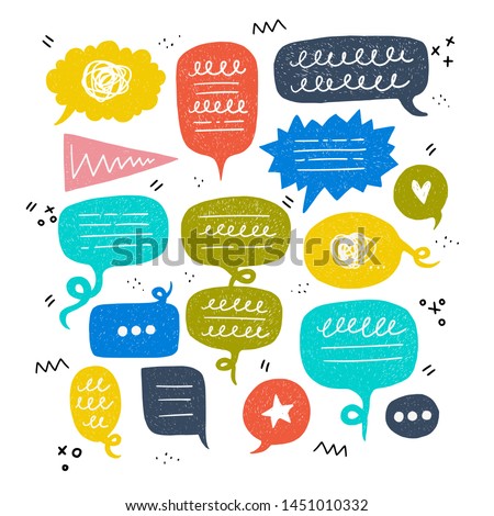 Bunch of speech bubbles of different colours and shapes. Balloon kit with scribbles for inscriptions, star, heart and three dots. Flat style bulb set for cartoon and comic dialogue, conversation, talk