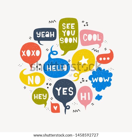 Speech bubble set with typography exclamation Hi, Hello, Yes, No, Wow, Like, Cool, Hey, Yeah, See You Soon, Xoxo. Card with group of colorful balloons with talk expressions, marks and symbols. Vector