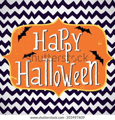 Cute halloween invitation or greeting card template with cartoon bats on hand drawn doodle chevron background. Hand written Happy Halloween lettering and frame for the text.