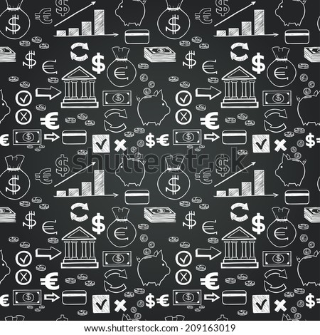 Seamless pattern with money hand sketched icons on chalkboard background. Tiling business doodles backdrop.