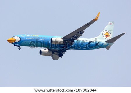 CHIANGMAI, THAILAND - APRIL 16  2014: HS-DBD  Boeing 737-800 with winglet of NokAir ( Low-cost Airline ), Landing to Chiangmai airport from Bangkok Don Muang Airport.