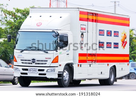 CHIANGMAI, THAILAND- MAY 6 2014: Cargo Truck of Mae-Ruay Snack Food Factory Co Ltd ( Koh kae product ).  Photo at road no.121 about 8 km from downtown Chiangmai, thailand.
