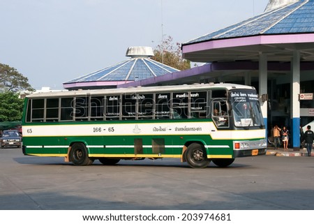 CHIANGMAI, THAILAND- MARCH 2 2008: Greenbus company bus route golden-triangle and Chiangmai. Budget fan bus, Photo at Chiangmai bus station, thailand.