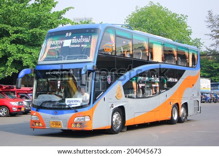 CHIANGMAI, THAILAND - APRIL 20 2014: Scania bus of Transport government no.18-1844 route Bangkok and Chiangmai, Class 2 Price exclude food and drink, not restroom. Photo at Chiangmai bus station.