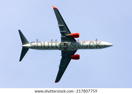CHIANGMAI , THAILAND - SEPTEMBER 8 2014: HS-LTI Boeing 737-900ER of Thai lion air airline , Take off from Chiangmai airport to Bangkok Don Muang Airport, thailand.