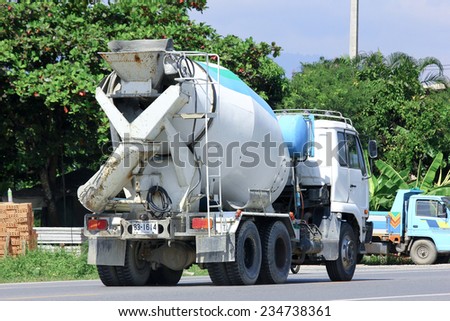 CHIANGMAI, THAILAND - OCTOBER 2 2014:  Cement truck of PPS Concrete company. Photo at road no 121 about 8 km from downtown Chiangmai, thailand.