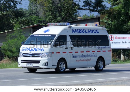 CHIANGMAI, THAILAND - NOVEMBER 11 2014:  Ambulance van of Thanyarak Hospital ( Drug Dependence Treatment Center ). Photo at road no.121 about 8 km from downtown Chiangmai, thailand.