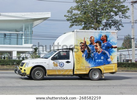CHIANGMAI, THAILAND -JANUARY 15 2015:  Chelsea football Team on Container car of  Sing Phatthana Chiangmai for Beer Container. Photo at road no 1001 about 8 km from downtown Chiangmai, thailand.