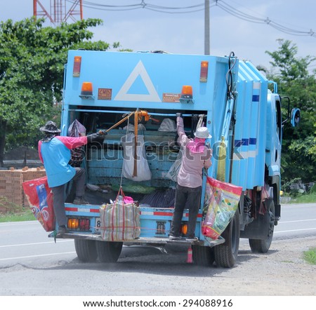 CHIANGMAI, THAILAND -JUNE 30 2015: Garbage truck of Nongjom Subdistrict Administrative Organization. Photo at road no 121 about 8 km from downtown Chiangmai, thailand.