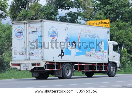 CHIANGMAI, THAILAND -AUGUST 8 2015:  Refrigerated container mini truck of PNK milk product. Photo at road no 121 about 8 km from downtown Chiangmai, thailand.