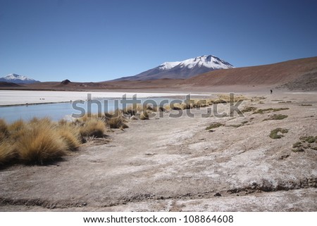 Beautiful view on the blue lake and snow peak in salt desert Bolivia, Uyuni, south America.