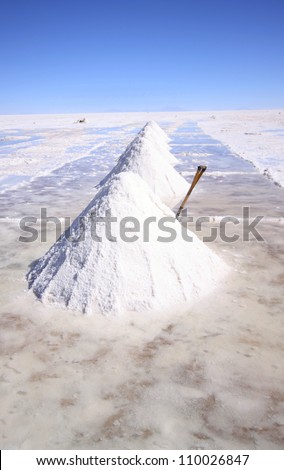 Interesting white salt pyramids in the world's largest salt desert, Salar Uyuni, Bolivia, near border with Chile, south America.
