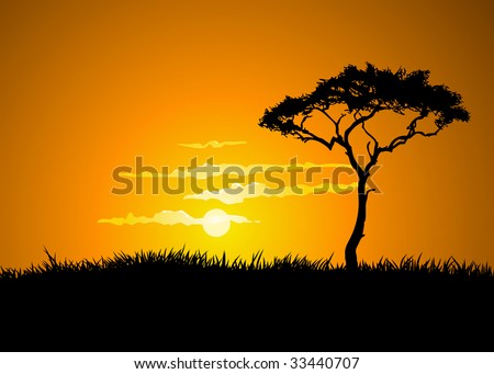 The hot glowing sun sets behind a hill silhouetting the tall savanna tree.