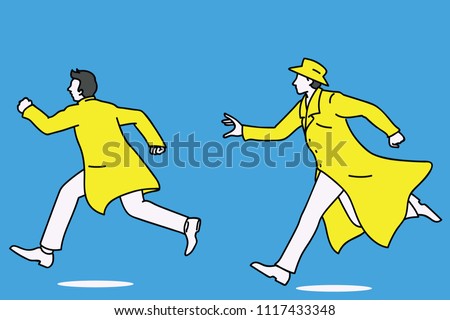 Detective running and chasing a man who try to run away. Outline, linear, thin line art, doodle, cartoon, hand drawn sketch design. 