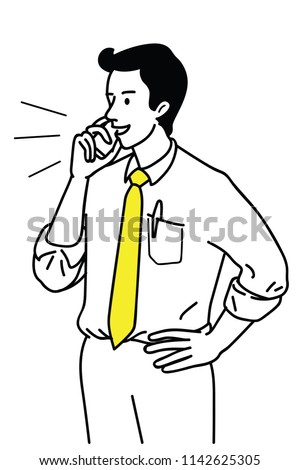 Vector illustration character portrait of young businessman, holding and talking on smartphone. Outline, linear, thin line art, hand drawn sketch design, simple style.