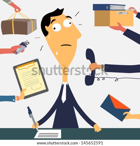 A lot of work coming. Businessman finding himself going to be busy. Vector illustration.