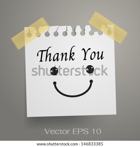 Thank you and smiley symbol on white note paper. Vector illustration. - stock vector
