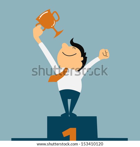 Businessman holding winning trophy. Victory concept.