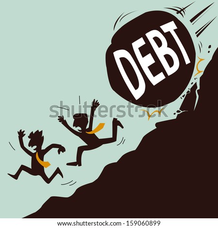 Businessman running away from big stone with message 'debt' that is rolling down to them. Abstract background on business concept on debt that threatening big problem to businessman.  