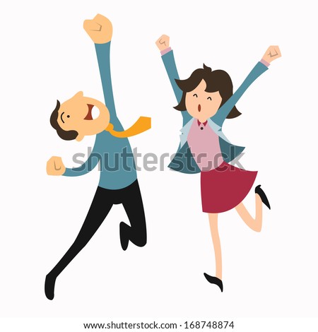 Happy business man and woman jumping in the air cheerfully. Feeling and emotion concept.