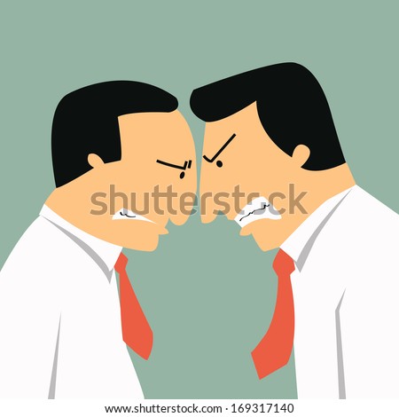 Two angry businessmen head butting in business concept in conflict and confrontation. 