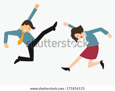 Happy business man and woman jumping in the air cheerfully. Feeling and emotion concept in happiness, winning, successful, or gain victory.