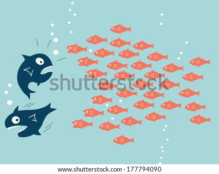 Business concept in teamwork or unity, representing with small fish gathering together that can fight and chasing big fish. 