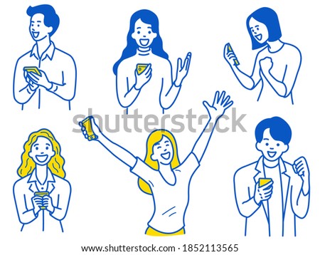 Young woman and man, holding smartphone, are excited, surprised with happy expression. Outline, thin line art, hand drawn sketch design, simple style.