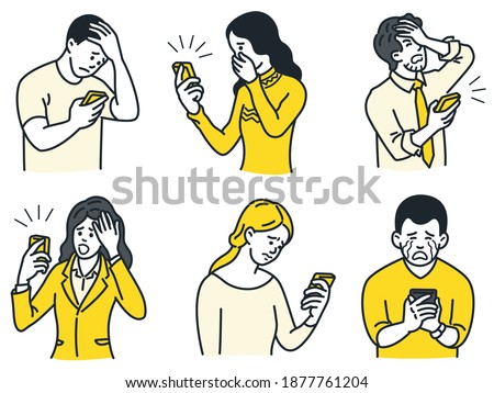 Portrait of people, man and woman, holding and looking at smartphone with negative emotion expression, sad, unhappy, crying, shocked, disappointed, displeased. Outline, linear, thin line art.