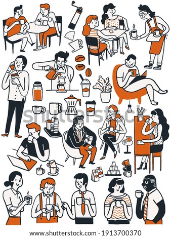 Doodle cute character collection of many people, man and woman, enjoy drinking coffee in various poses. Multi-ethnic, coffee lover concept. Hand drawn sketch design, simple style.