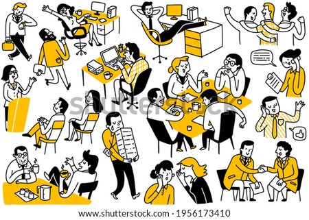 Doodles set of various business people, multi-ethnic, diverse, businessman and woman, office worker, in daily routine activities. Outline, linear, thin line art, hand drawn sketch, simple style. 